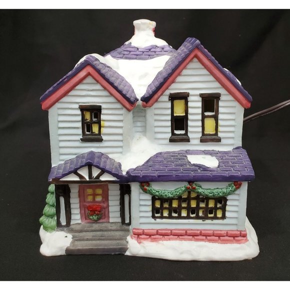 Trim A Home Holiday Memories BLUE HOUSE w/PURPLE ROOF Christmas Village building - Picture 1 of 6